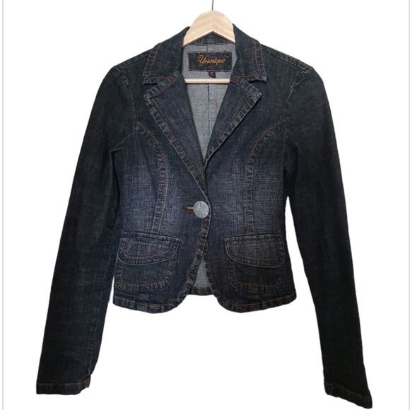 Younique Black Wash Tailored Denim Jacket Blazer Size S Edgy Faded Parisian Chic - Picture 1 of 13
